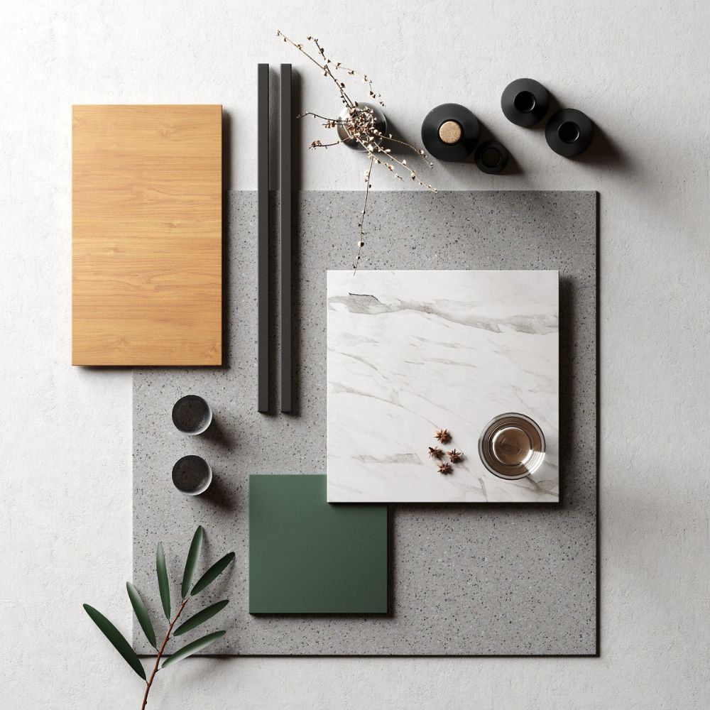 Moodboard com madeira, mármore, detalhes de acabamentos.