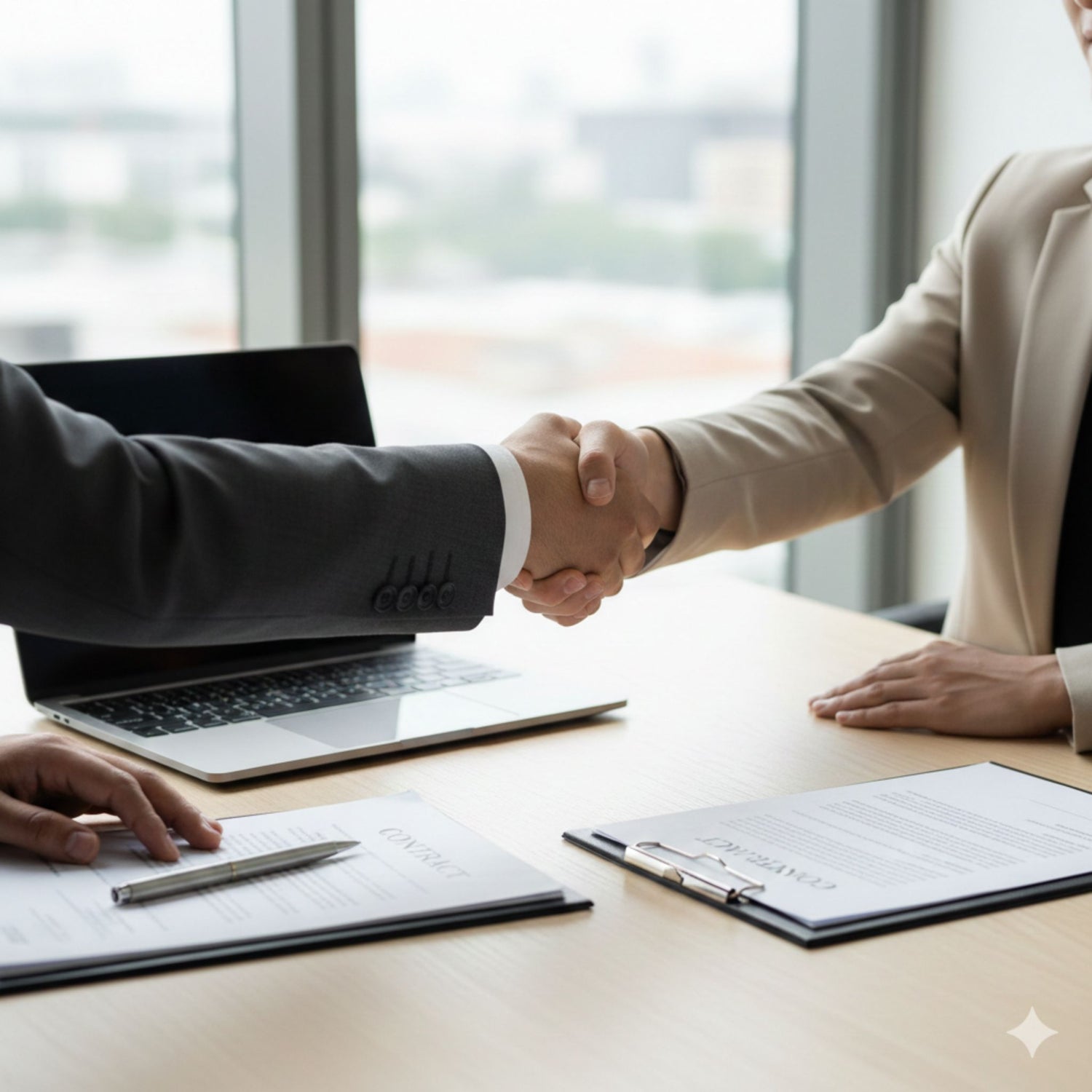 Negociação fechada entre duas pessoas de terno apertando as mãos, mostrando foco no aperto de mão em um escritório.