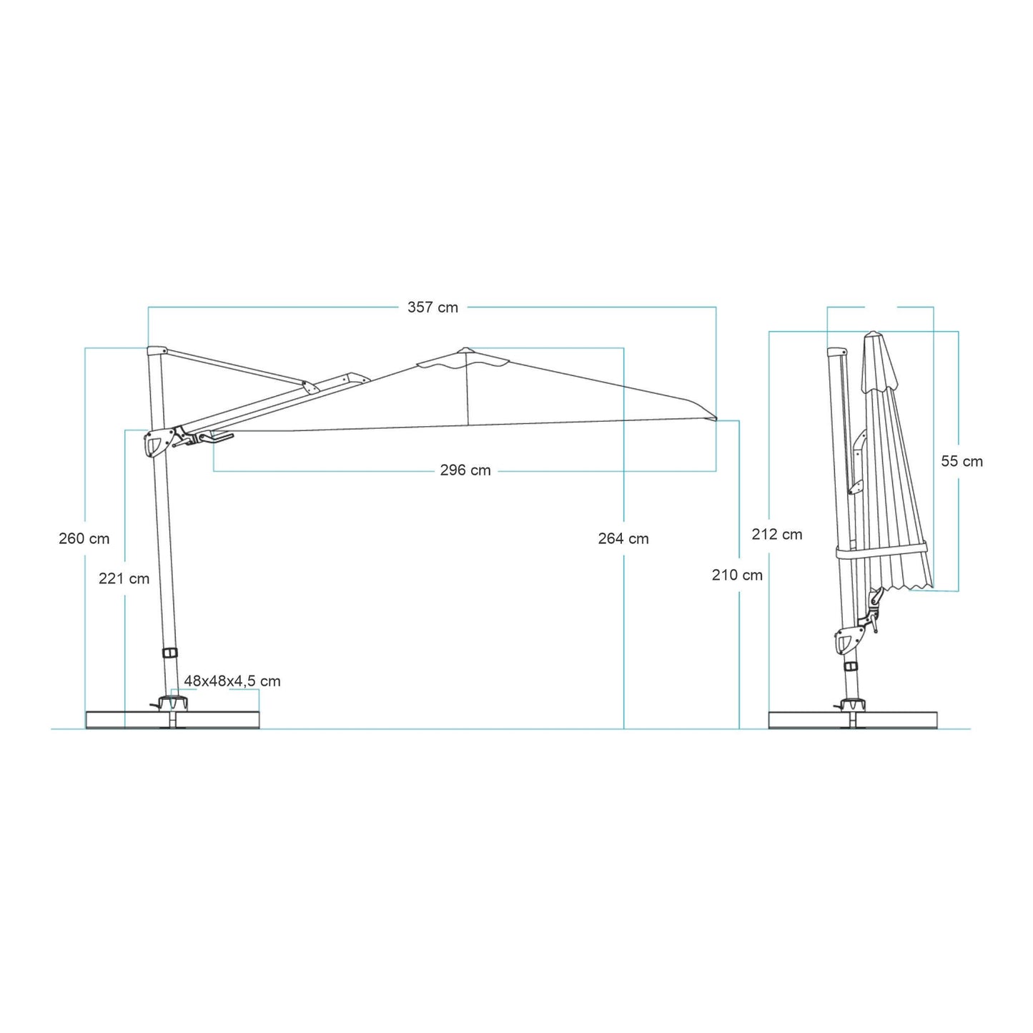 Diagrama técnico do Ombrelone Manorca, mostrando todas as medidas: altura total, diâmetro da cobertura e dimensões da base de sustentação.