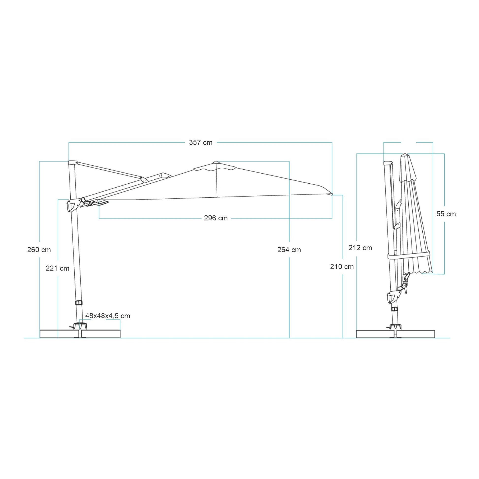 Diagrama técnico do Ombrelone Manorca, mostrando todas as medidas: altura total, diâmetro da cobertura e dimensões da base de sustentação.