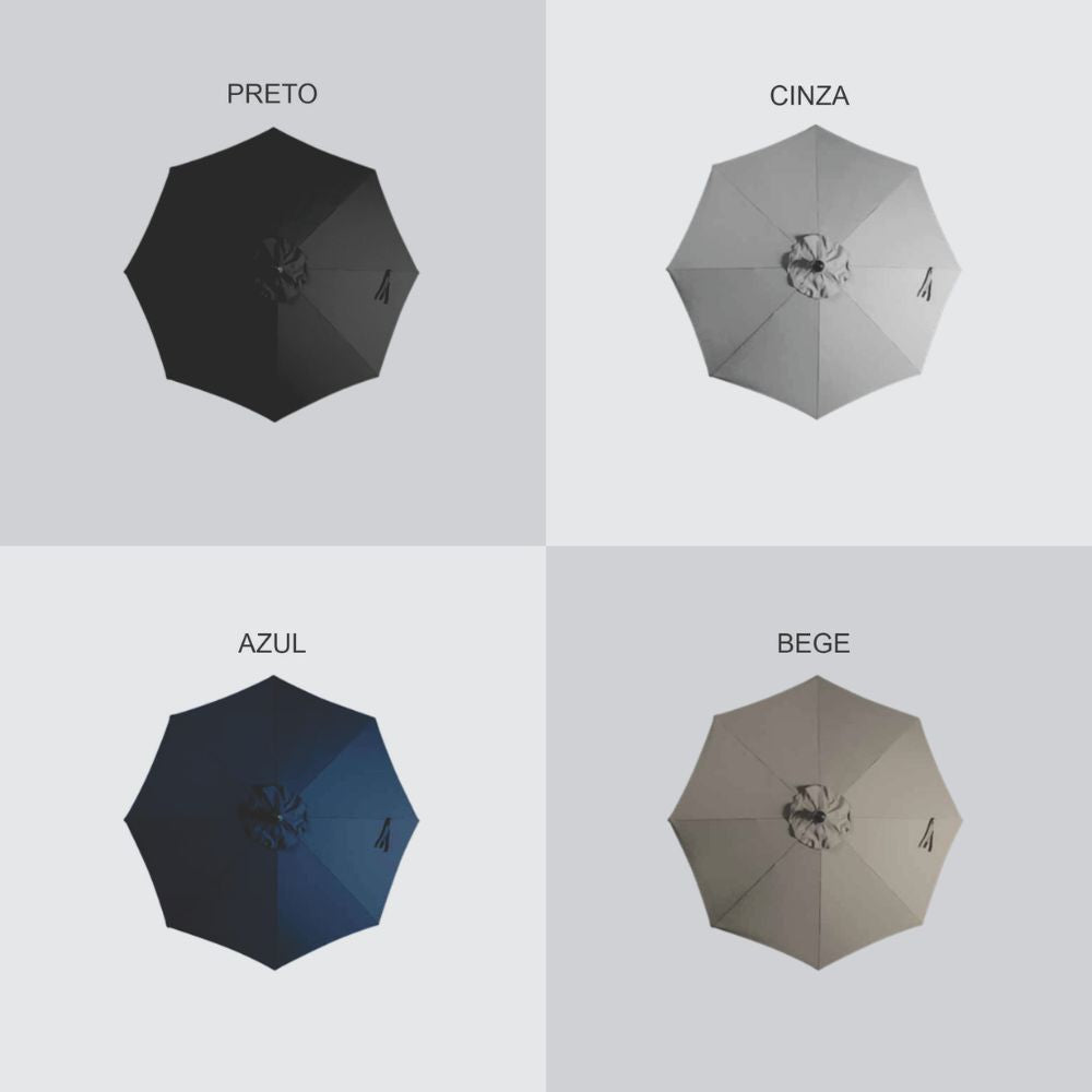 quatro ombrelones santorini vistos de cima expondo a cor de cada uma que disponibilizamos, preto, cinza, azul marinho e bege.